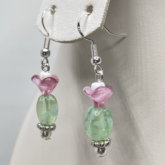 Artisan Boho Pink Green Flower Beaded Silver Tone Dangle Earrings Cute - Picture 3 of 6